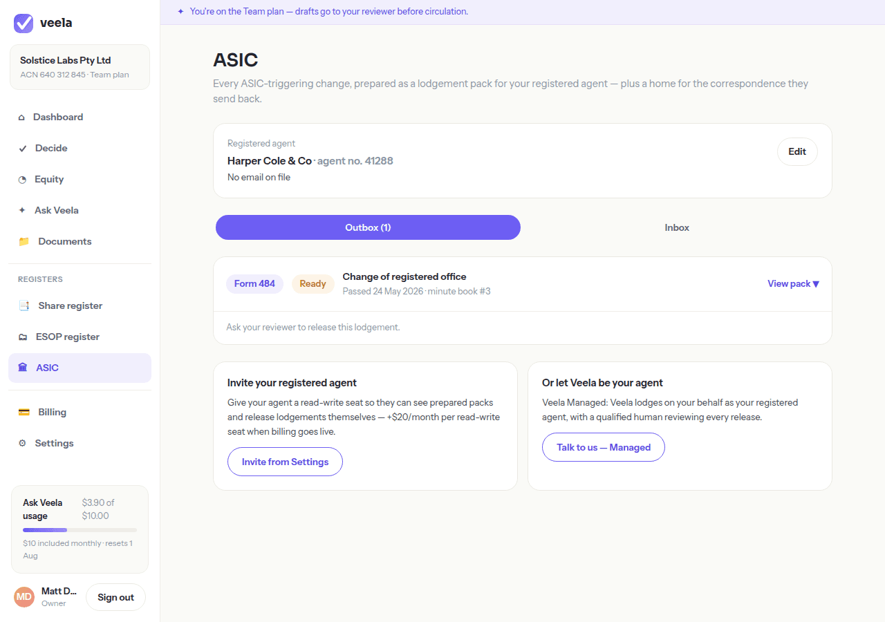 The ASIC hub: registered agent details, an outbox lodgement pack ready to send, and options to invite an agent or go Managed.
