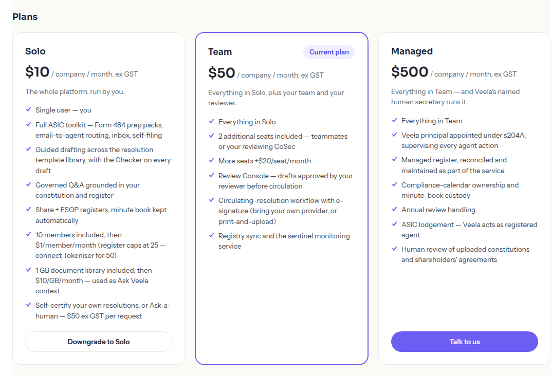 The three Veela plan cards as they appear inside the billing portal, with the current plan highlighted.