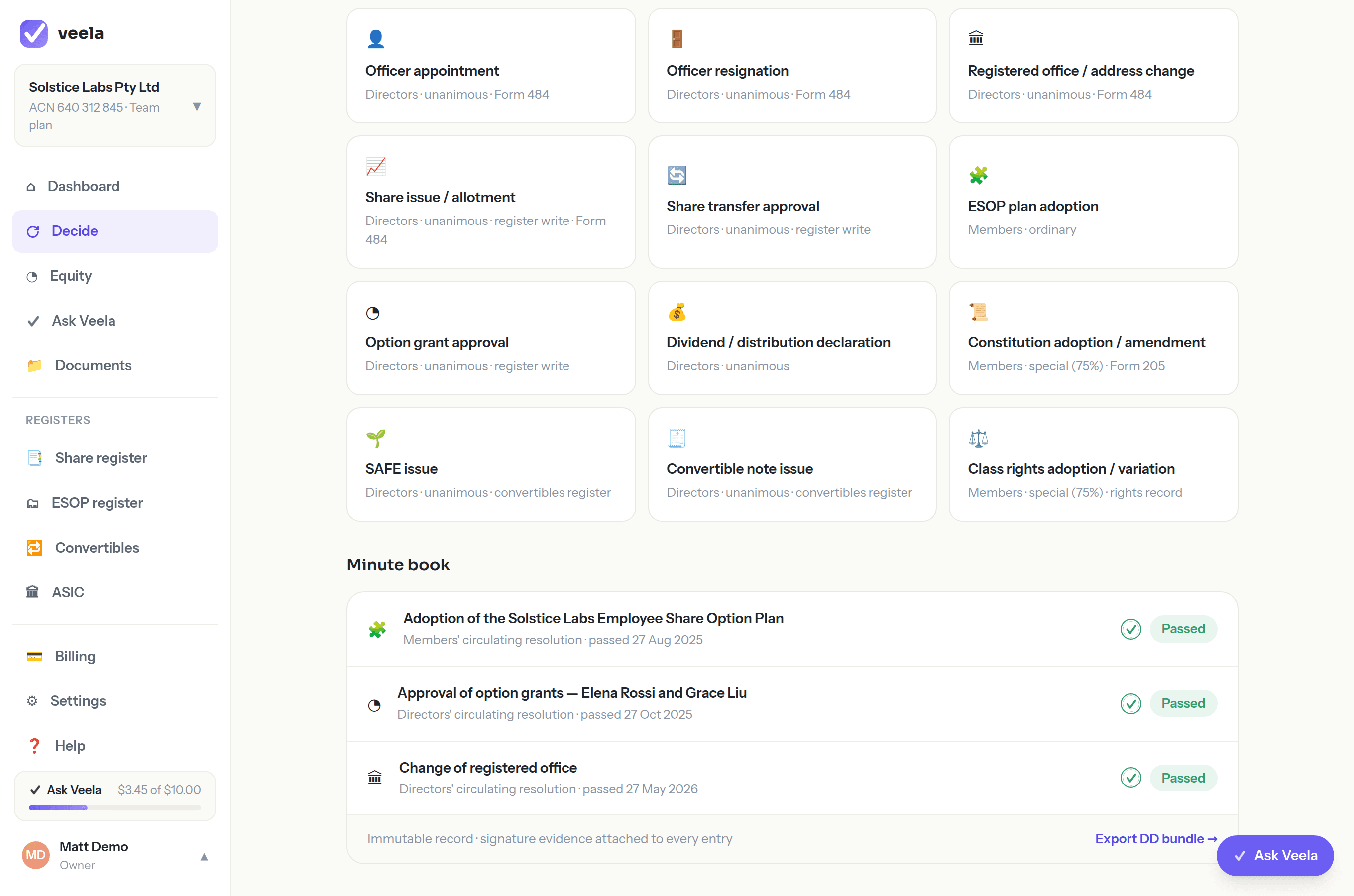 The Decide screen: resolution types each showing their approval threshold and ASIC form, above a minute book of passed resolutions with an Export DD bundle link.