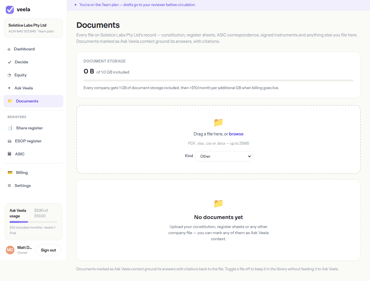 The Documents library, showing storage used, an upload zone and the empty-state prompt to mark files as Ask Veela context.