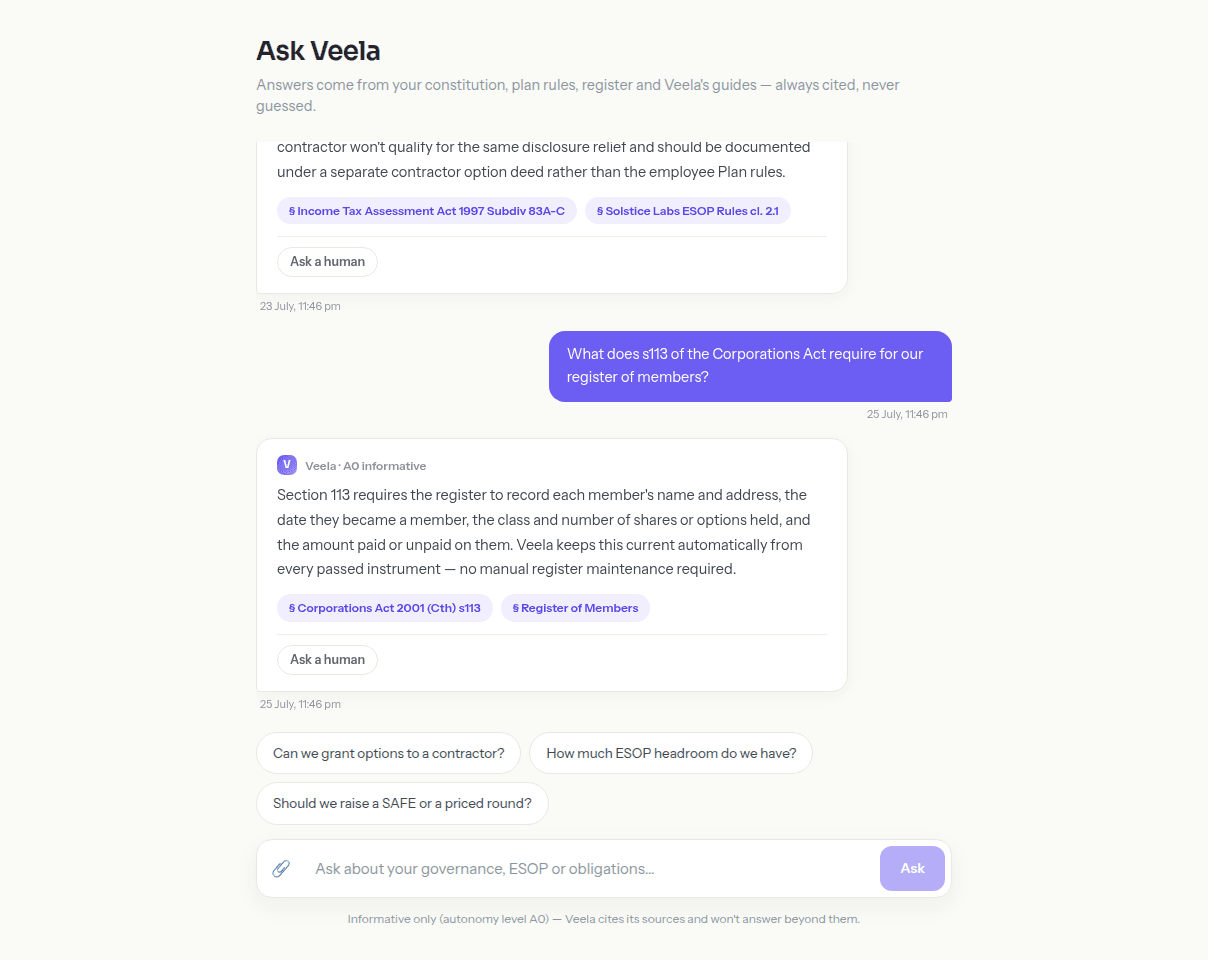 The Ask Veela conversation page, with an answer shown alongside citation chips linking back to the source documents.