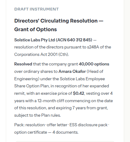 A drafted directors' resolution granting 40,000 options, shown with the drafter's rationale and the source clauses it relied on.