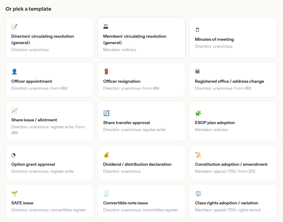 The template picker showing 15 governed resolution types, from officer changes to ESOP grants and class-rights variations.