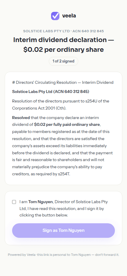 A personal signing link open on a phone, showing the resolution text, the director's acknowledgement, and the Sign button.
