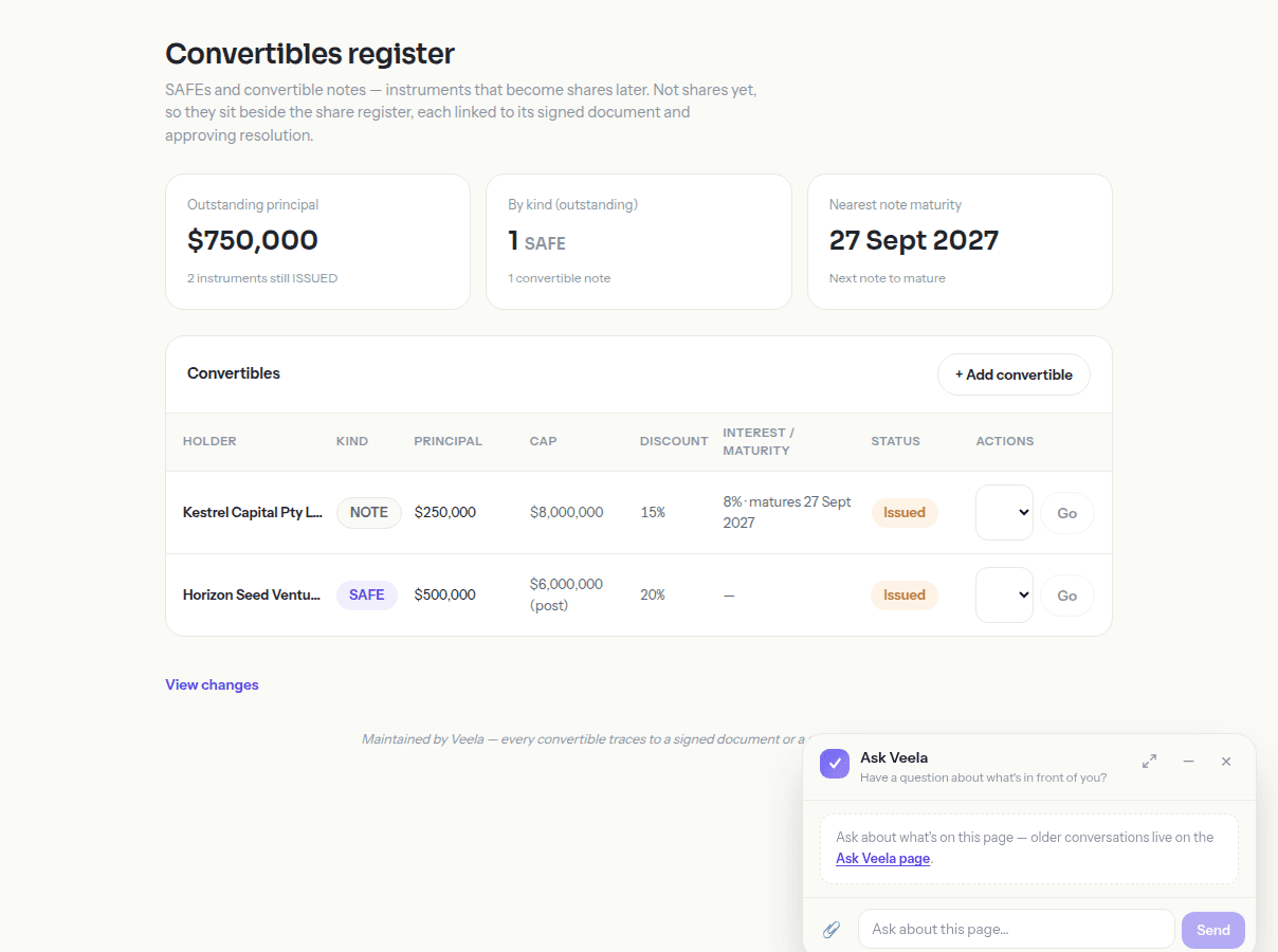 The Convertibles register, listing each SAFE and convertible note with its issue date, accrued interest and conversion status.