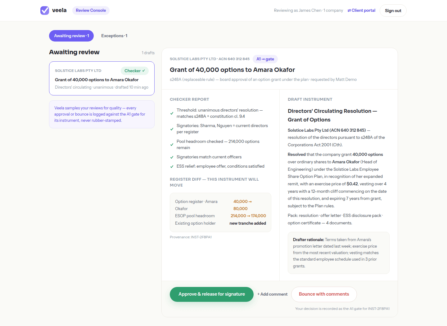 The Review Console: a draft awaiting review alongside the Checker report, the register diff it would make, the drafted resolution, and Approve & release for signature / Bounce with comments actions.