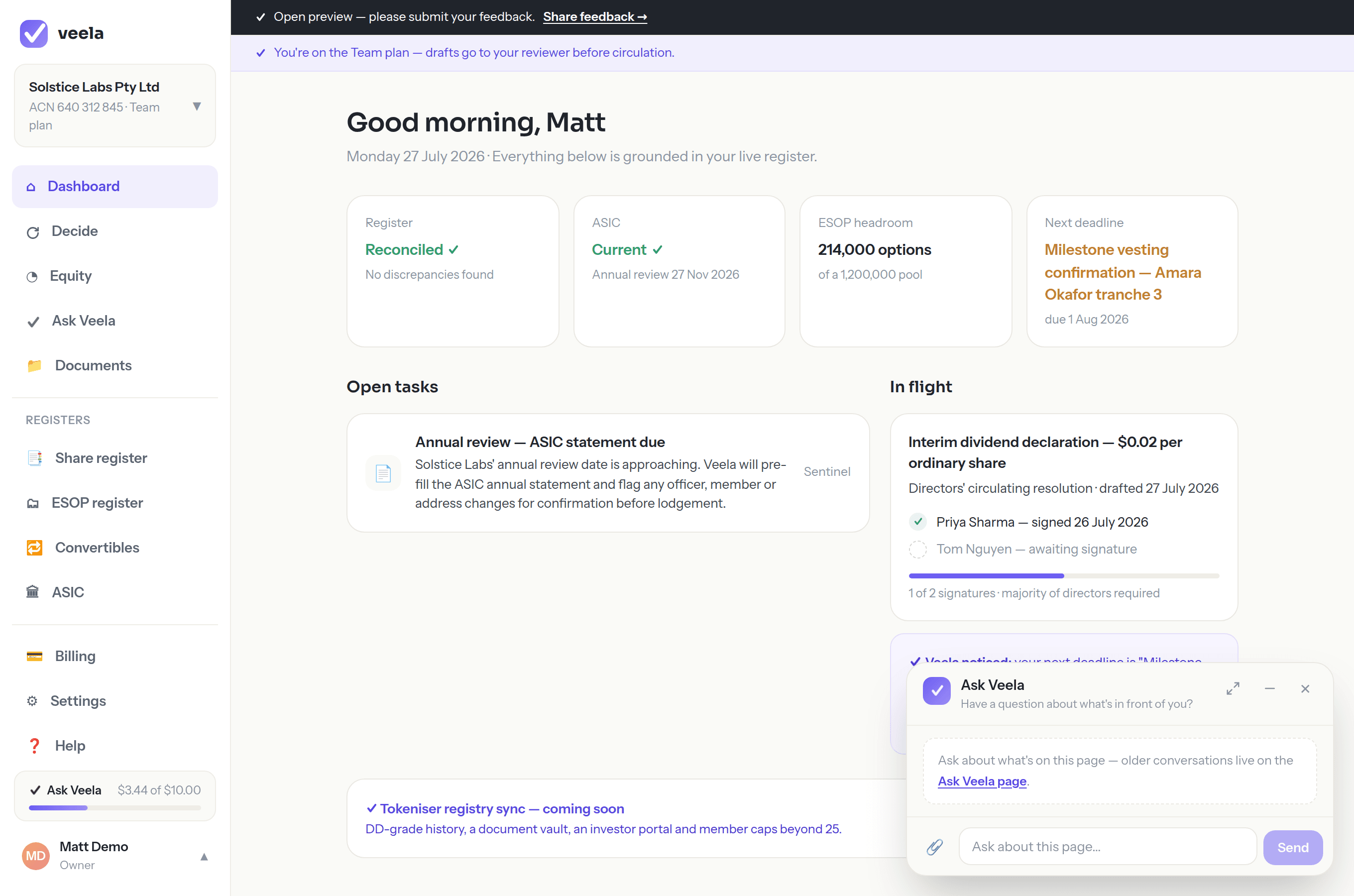 The portal dashboard: register and ASIC status, the option pool, open tasks and an in-flight circulating resolution.