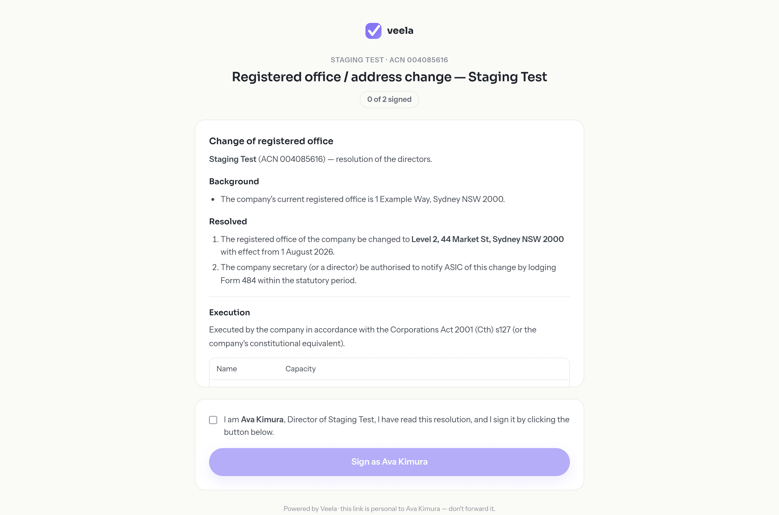 A director's personal signing page, showing the resolution ready to sign on any device.